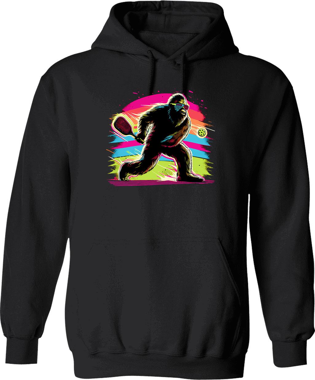 1980s Bigfoot Sasquatch Playing Pickleball Hoodie - Retro Graphic Pullover Hoodie for Men & Women - Black