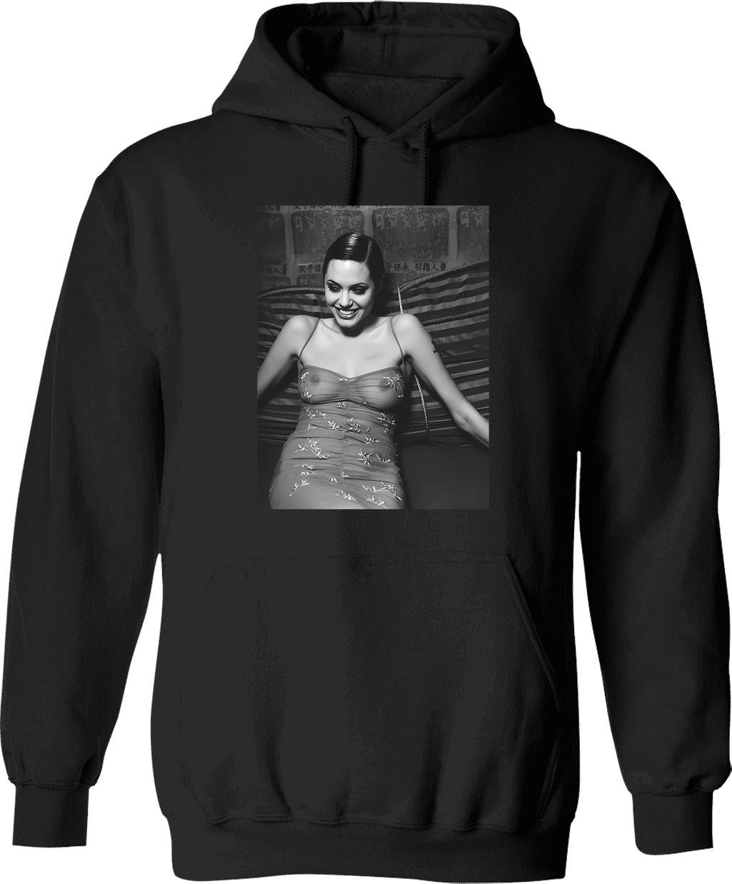 Angelina Sexy Smile Hoodie - Retro Graphic Pullover Hoodie for Men & Women - Black