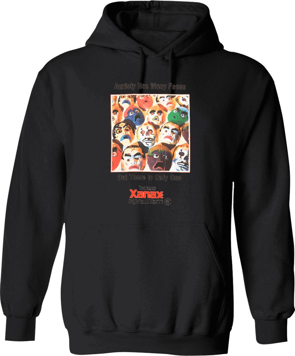 Anxiety Has Many Faces Hoodie - Retro Graphic Pullover Hoodie for Men & Women - Black