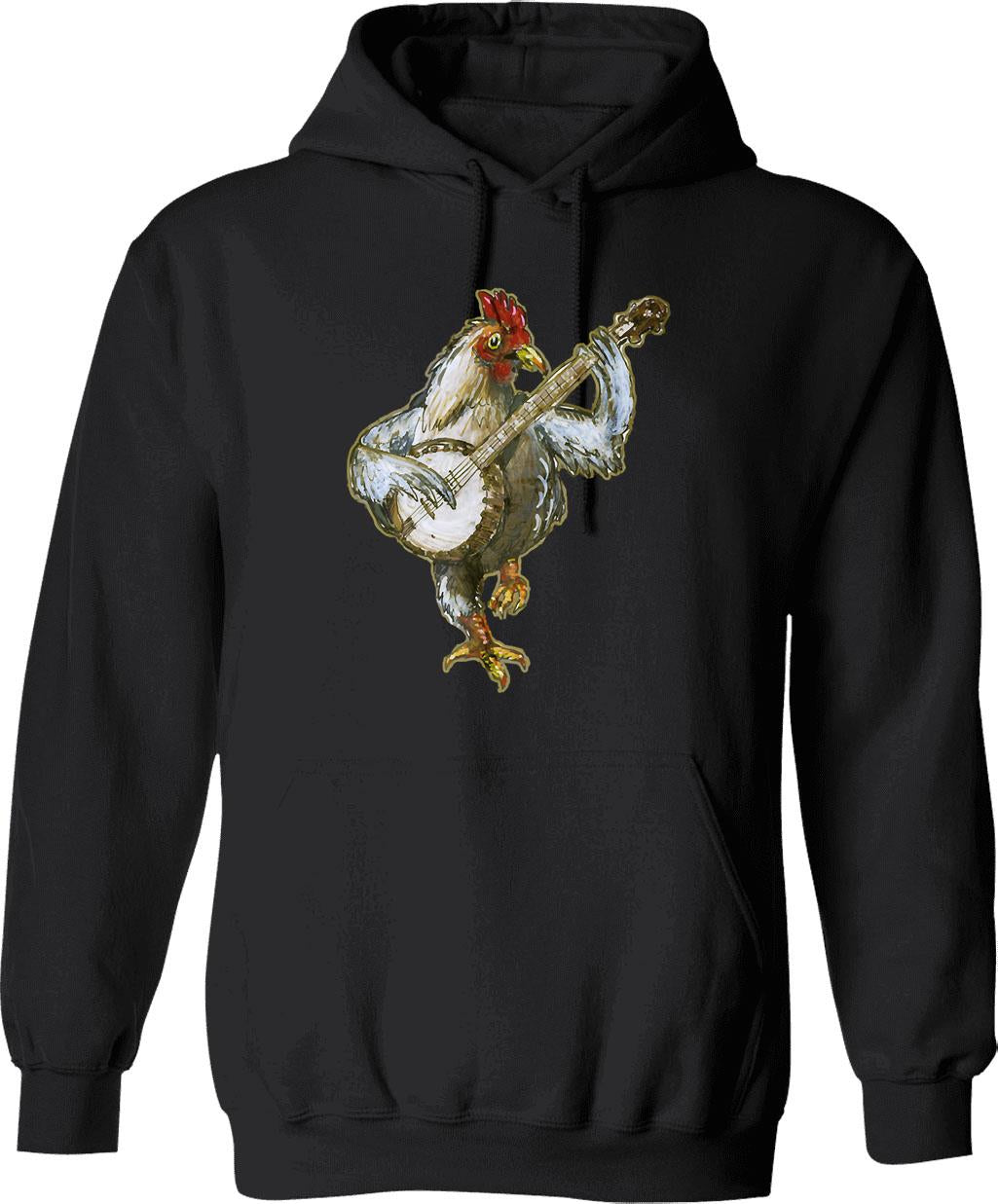 Banjo Playing Chicken Hoodie - Retro Graphic Pullover Hoodie for Men & Women - Black