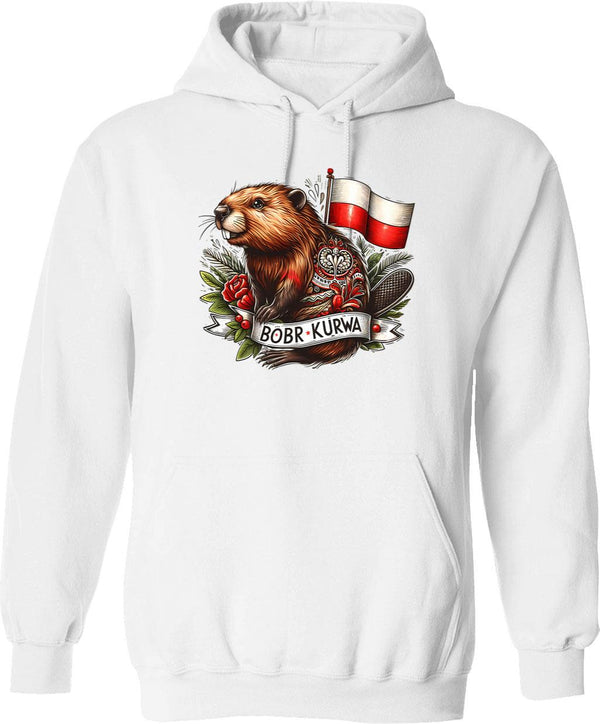 Bobr Kurwa Hoodie - Retro Graphic Pullover Hoodie for Men & Women - White