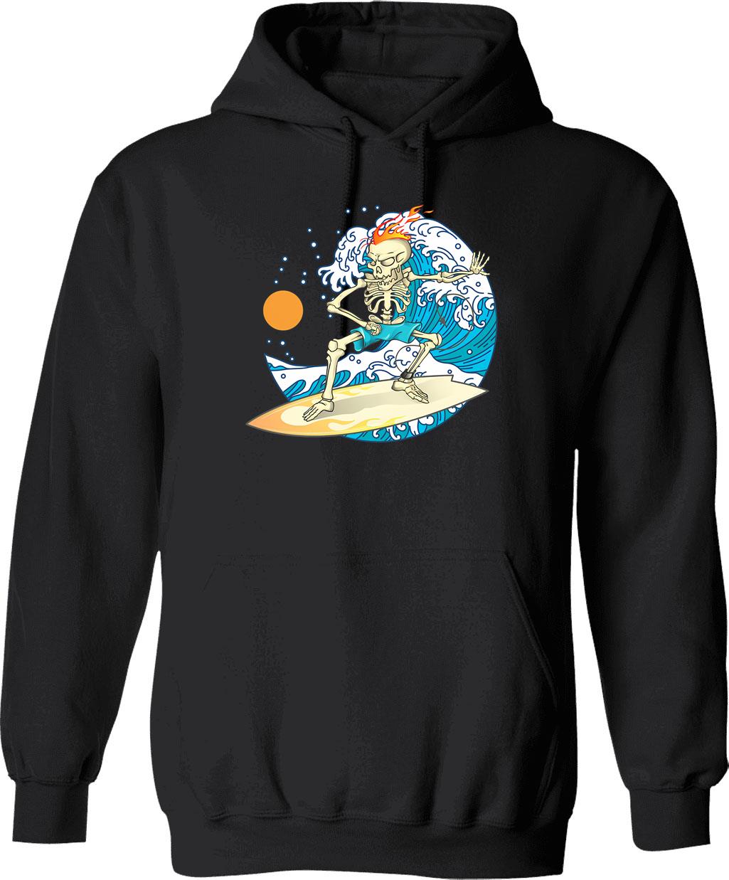 Cool Vintage Surfing Skeleton Hoodie - Retro Graphic Cosy Pullover - Black