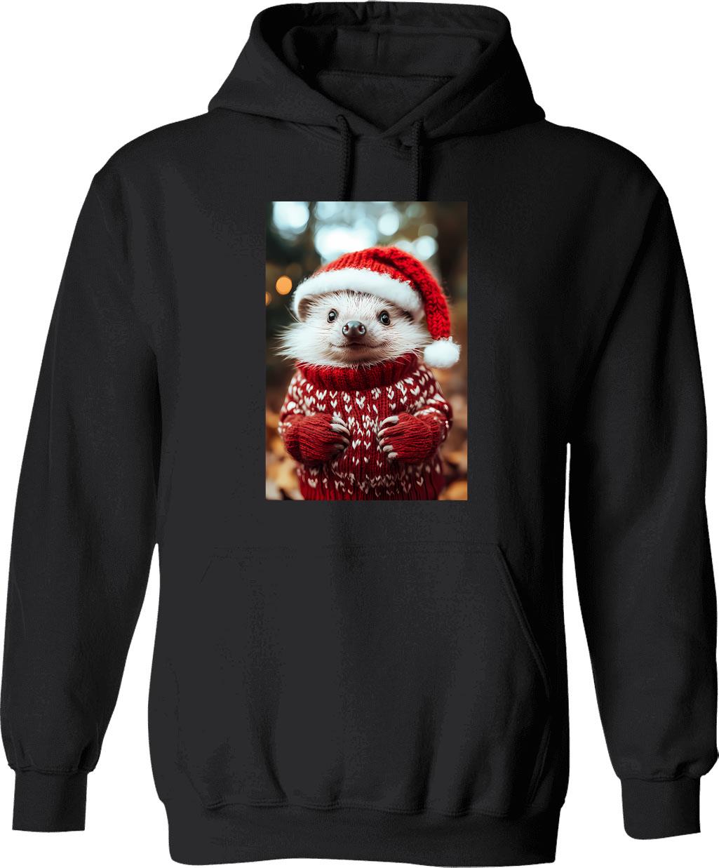 Cute Christmas Hedgehog Funny Retro Animal Photo Hoodie - Black