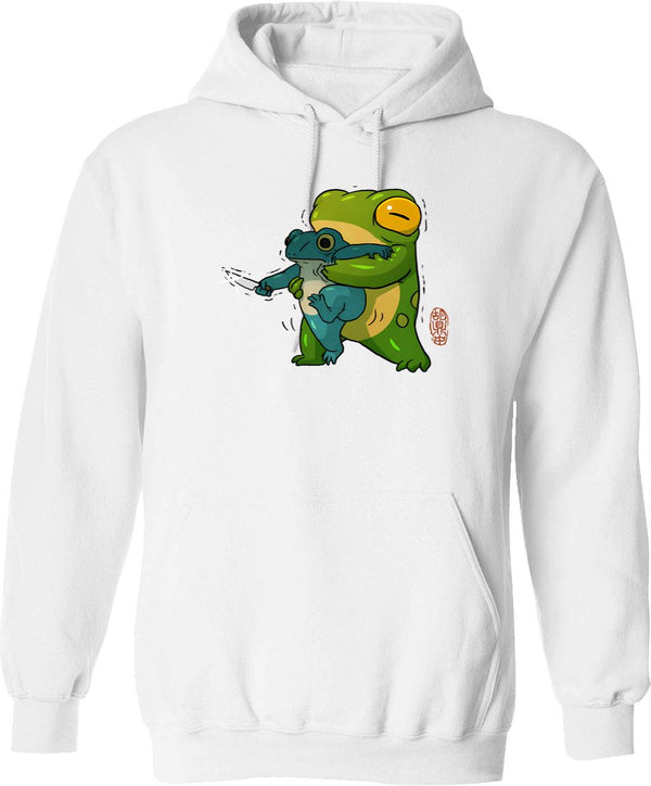 Cute Stabby Frog Being Held Back Let It Go Bro Artwork Asian Style Graphic Pullover Hoodie - White