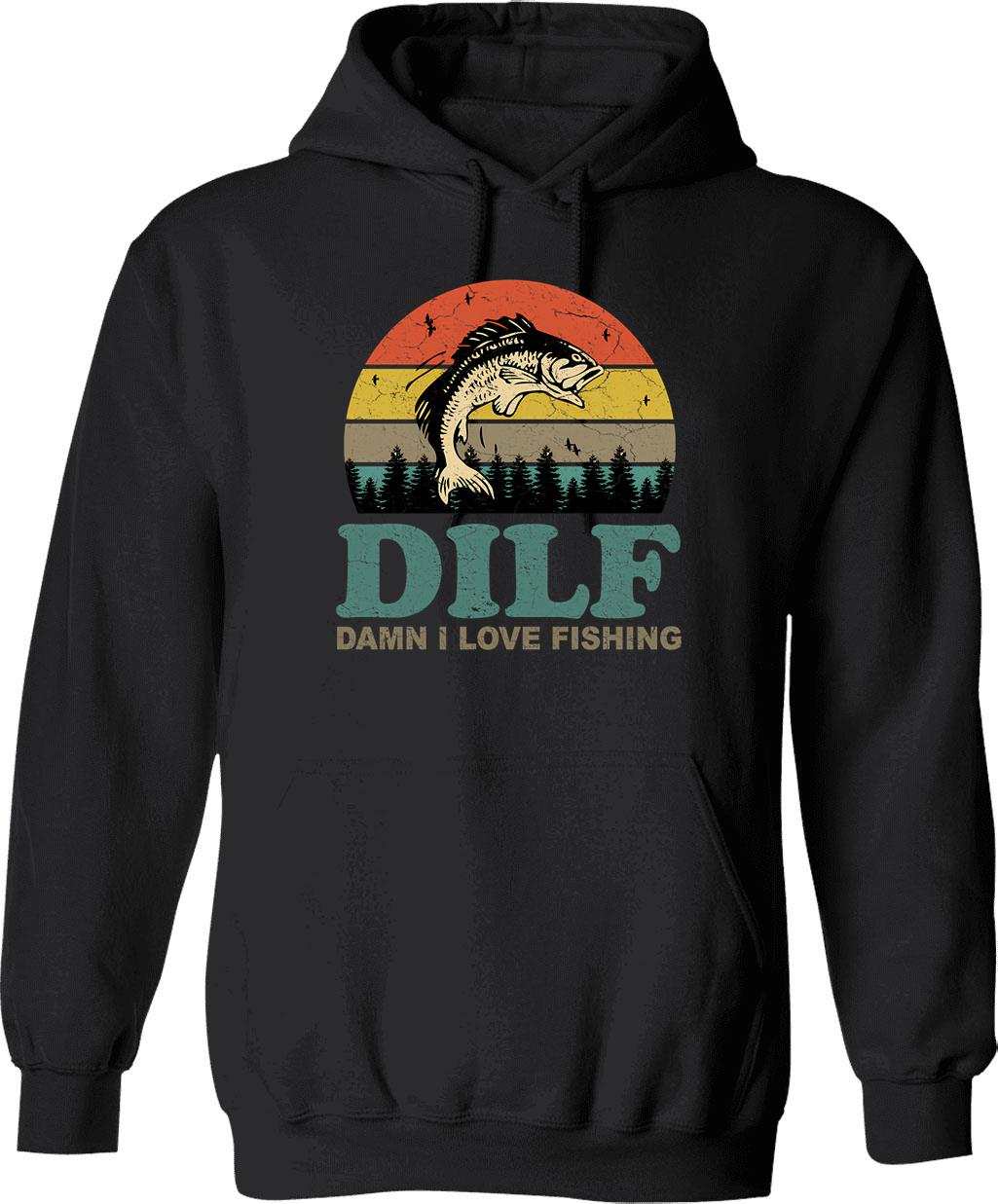 Dilf Damn I Love Fishing Retro Vintage Sunset Funny Fishing Gift (1) Hoodie - Black