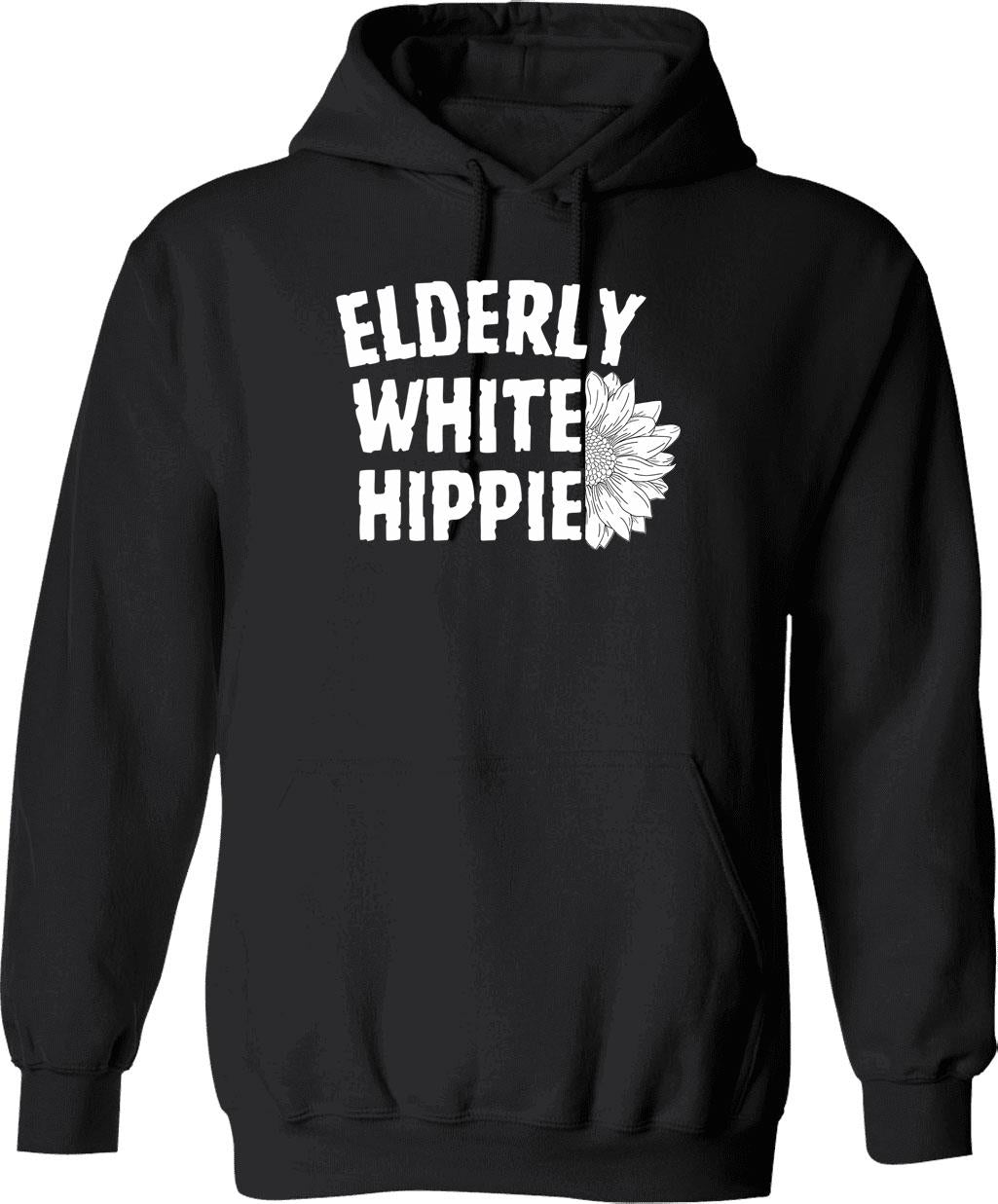 Elderly White Hippie Hoodie - Retro Graphic Pullover Hoodie for Men & Women - Black
