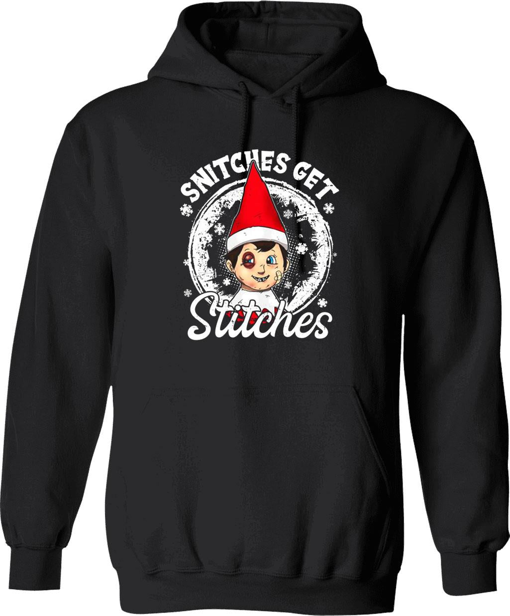 Funny Christmas Snitches Get Stitches Graphic Pullover Hoodie - Black