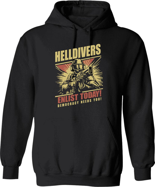 Helldivers 2 Enlistment Tee - Join The Fight for Democracy Graphic Pullover Hoodie - Black
