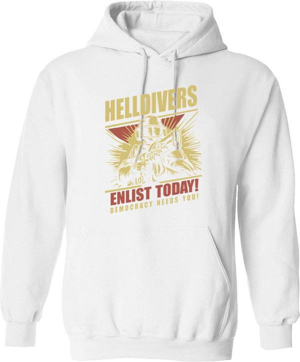 Helldivers 2 Enlistment Tee - Join The Fight for Democracy Graphic Pullover Hoodie - White