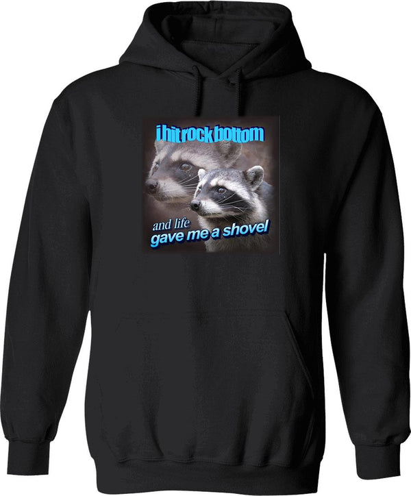 I Hit Rock Bottom and Life Gave Me A Shovel Raccoon Word Art Graphic Pullover Hoodie - Black