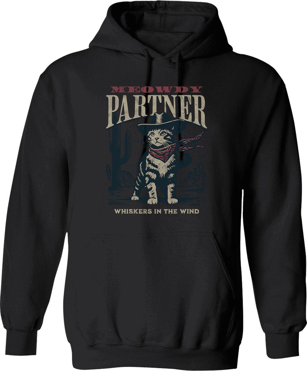 Meowdy Cowboy Hoodie - Retro Graphic Pullover Hoodie for Men & Women - Black