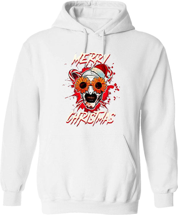 Merry Xmas Sunflower Sunglasses Horror Clown Movie Art Terrifier 2 T-Hoodie Graphic Pullover Hoodie - White