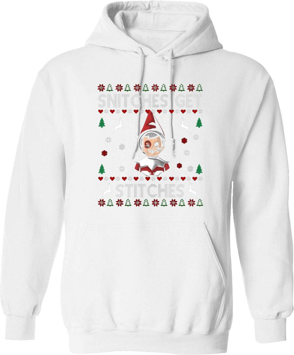 Snitches Get Stitches Ugly Christmas Sweater Graphic Pullover Hoodie - White