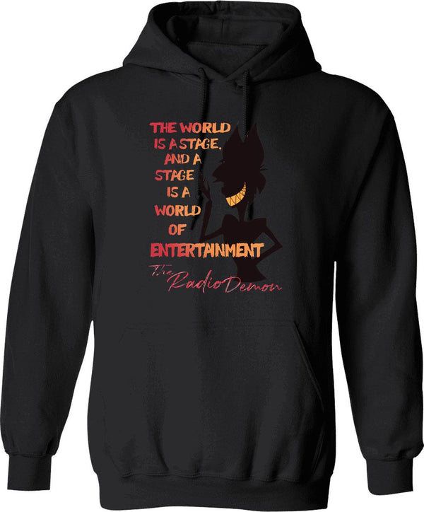 The World Is A Stage The Radio Demon Hazbin Hotel Black Graphic Pullover Hoodie - Black