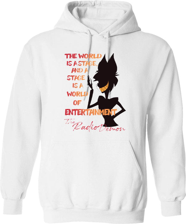 The World Is A Stage The Radio Demon Hazbin Hotel Black Graphic Pullover Hoodie - White