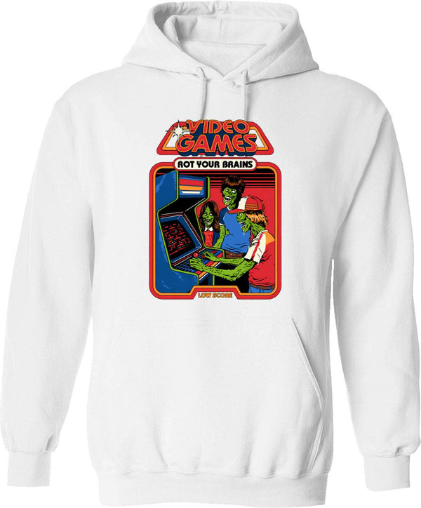 Video Games Rot Your Brains Graphic Pullover Hoodie - White