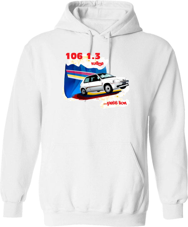 106 1.3 Rallye... Petit Lion Hoodie - Retro Graphic Pullover Hoodie for Men & Women - White
