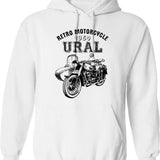 1960 Ural Motorcycle Hoodie - Retro Graphic Pullover Hoodie for Men & Women - White