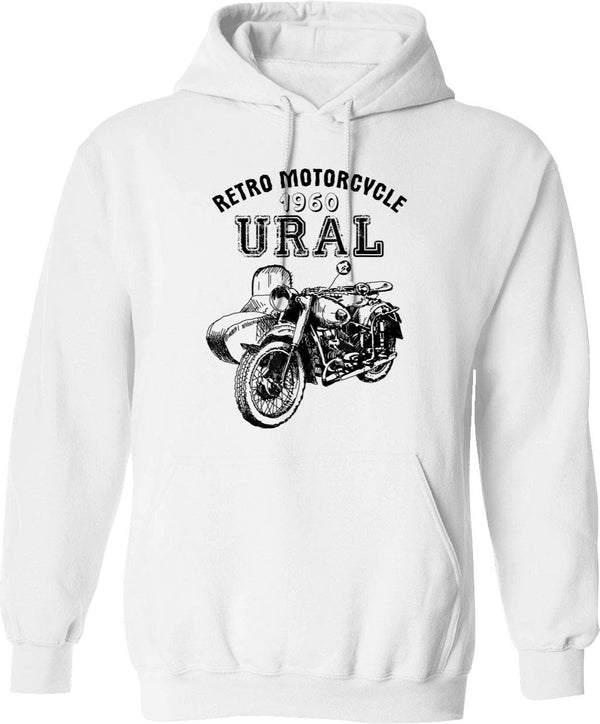 1960 Ural Motorcycle Hoodie - Retro Graphic Pullover Hoodie for Men & Women - White