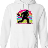 1980s Bigfoot Sasquatch Playing Pickleball Hoodie - Retro Graphic Pullover Hoodie for Men & Women - White
