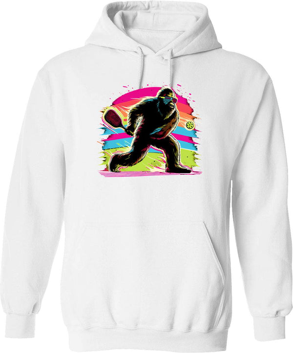 1980s Bigfoot Sasquatch Playing Pickleball Hoodie - Retro Graphic Pullover Hoodie for Men & Women - White