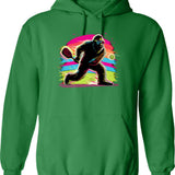 1980s Bigfoot Sasquatch Playing Pickleball Hoodie - Retro Graphic Pullover Hoodie for Men & Women - Green