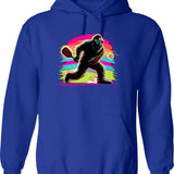 1980s Bigfoot Sasquatch Playing Pickleball Hoodie - Retro Graphic Pullover Hoodie for Men & Women - Blue