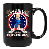 A Salute To All Nations But Mostly America Fireworks Extravaganza Black Coffee Mug, Gift Coffee Mug