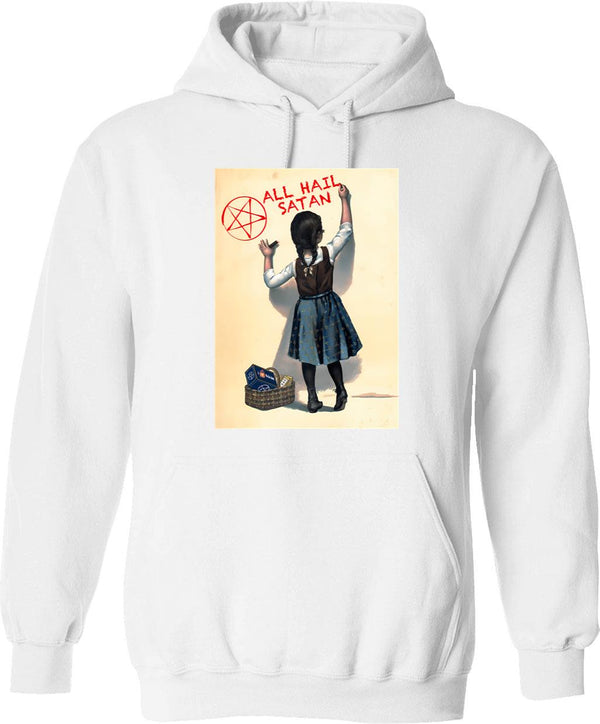 All Hail Satan Hoodie - Retro Graphic Pullover Hoodie for Men & Women - White