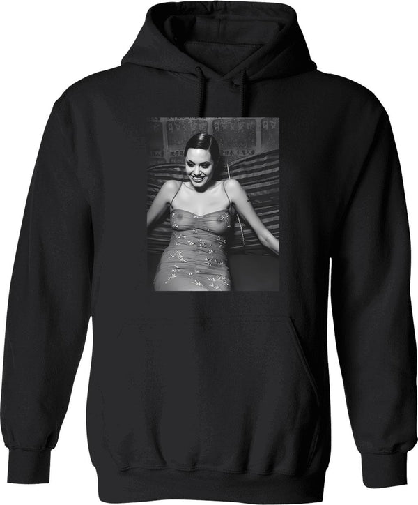 Angelina Sexy Smile Hoodie - Retro Graphic Pullover Hoodie for Men & Women - Black