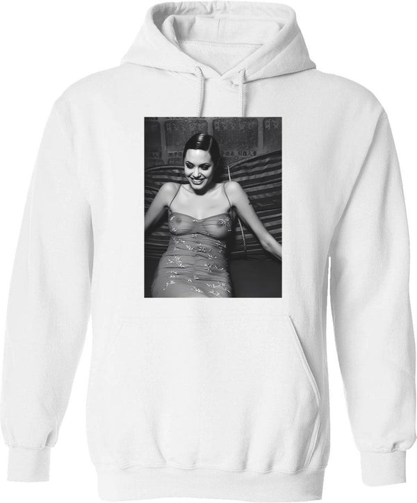 Angelina Sexy Smile Hoodie - Retro Graphic Pullover Hoodie for Men & Women - White