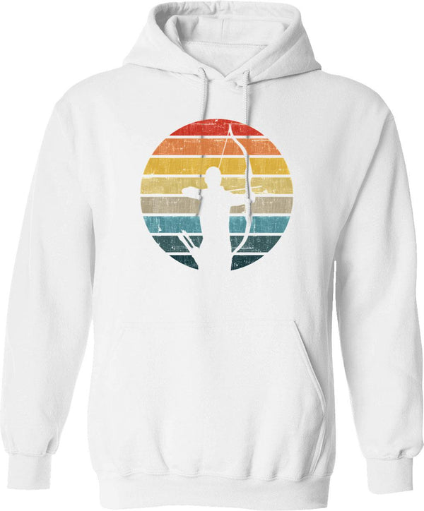 Archery Silhouette On A Distressed Retro Sunset Product Hoodie - White
