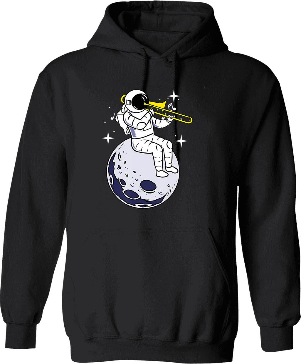 Astronaut Playing Trombone Hoodie - Retro Graphic Pullover Hoodie for Men & Women - Black