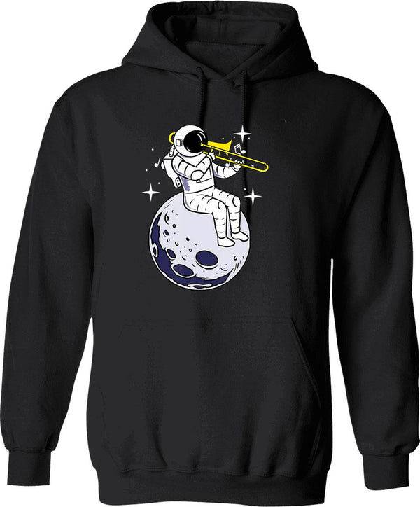 Astronaut Playing Trombone Hoodie - Retro Graphic Pullover Hoodie for Men & Women - Black