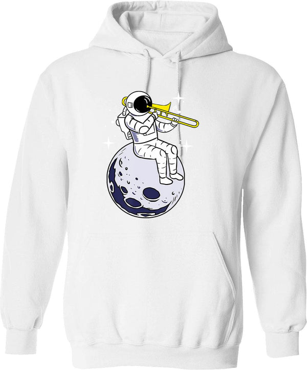 Astronaut Playing Trombone Hoodie - Retro Graphic Pullover Hoodie for Men & Women - White