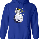 Astronaut Playing Trombone Hoodie - Retro Graphic Pullover Hoodie for Men & Women - Blue