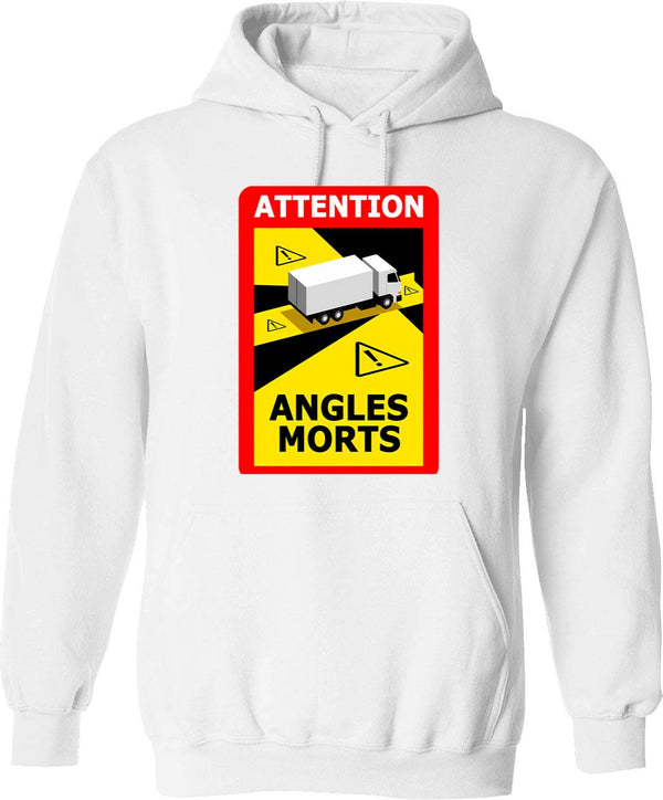 Attention Angles Morts Hoodie - Retro Graphic Pullover Hoodie for Men & Women - White