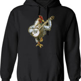 Banjo Playing Chicken Hoodie - Retro Graphic Pullover Hoodie for Men & Women - Black