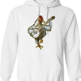 Banjo Playing Chicken Hoodie - Retro Graphic Pullover Hoodie for Men & Women - White