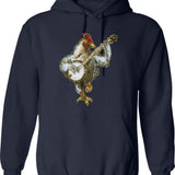 Banjo Playing Chicken Hoodie - Retro Graphic Pullover Hoodie for Men & Women - Navy