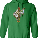 Banjo Playing Chicken Hoodie - Retro Graphic Pullover Hoodie for Men & Women - Green