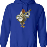 Banjo Playing Chicken Hoodie - Retro Graphic Pullover Hoodie for Men & Women - Blue