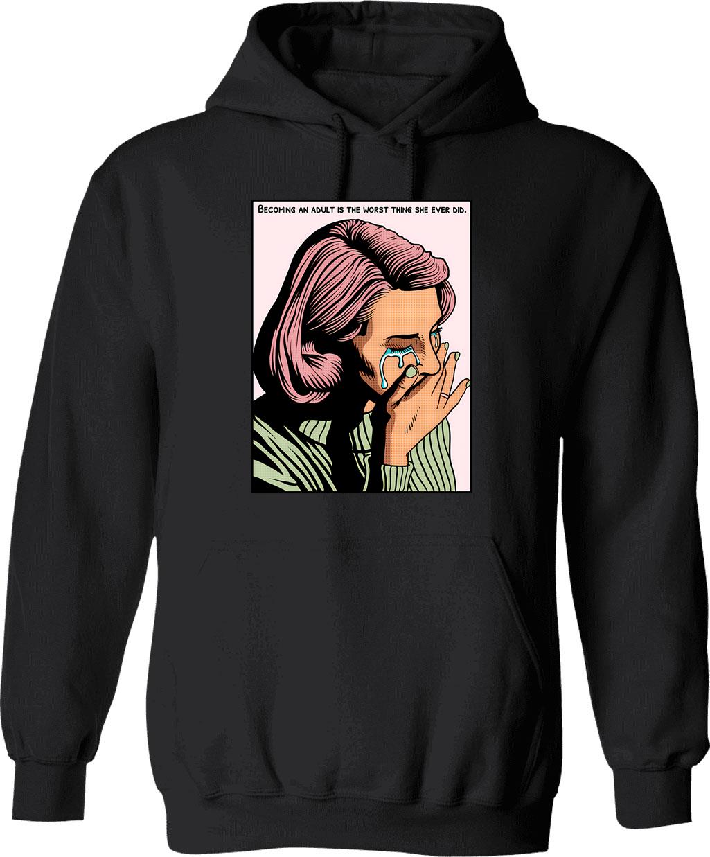 Becoming An Adult Sucks (1) Hoodie - Retro Graphic Pullover Hoodie for Men & Women - Black