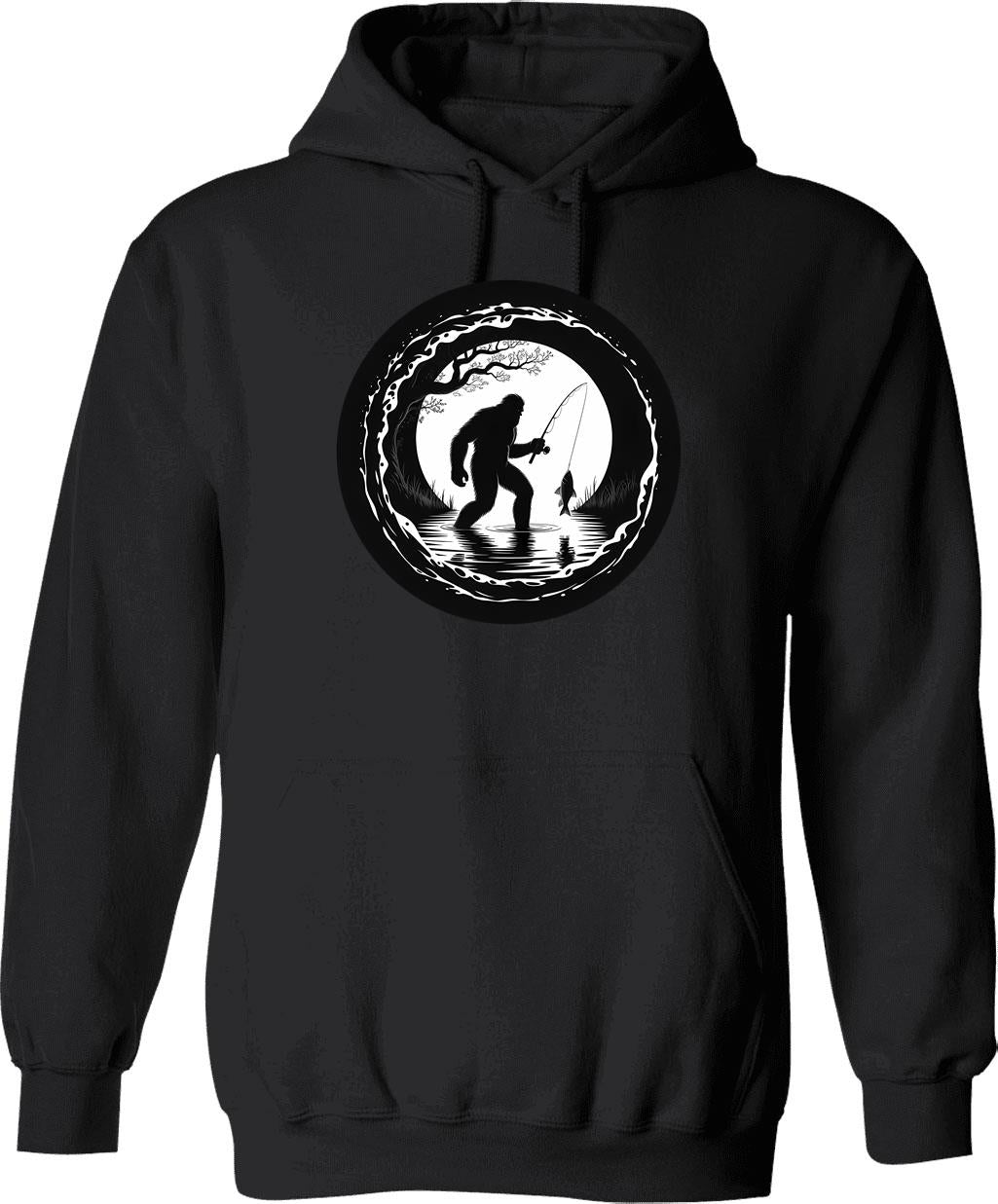 Bigfoot Fishing Hoodie - Retro Graphic Pullover Hoodie for Men & Women - Black