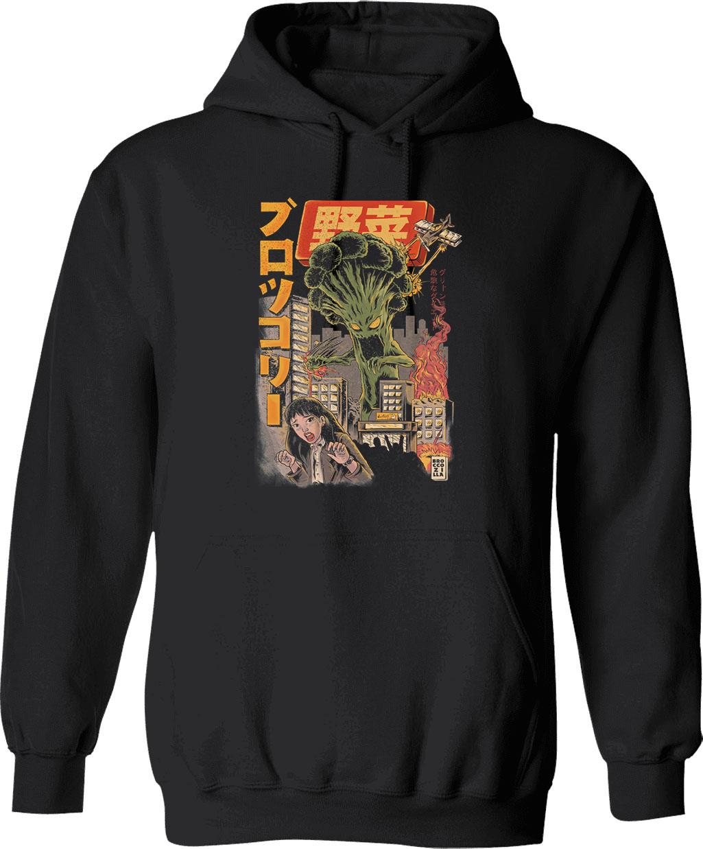 Broccozilla Black Version Hoodie - Retro Graphic Pullover Hoodie for Men & Women - Black