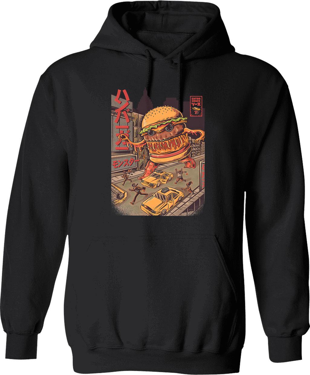 Burgerzilla Hoodie - Retro Graphic Pullover Hoodie for Men & Women - Black