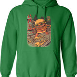 Burgerzilla Hoodie - Retro Graphic Pullover Hoodie for Men & Women - Green