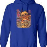 Burgerzilla Hoodie - Retro Graphic Pullover Hoodie for Men & Women - Blue