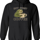 But First Coffee Funny Sloth Illustration Hoodie - Black