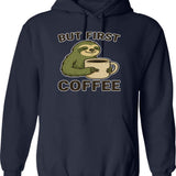 But First Coffee Funny Sloth Illustration Hoodie - Navy